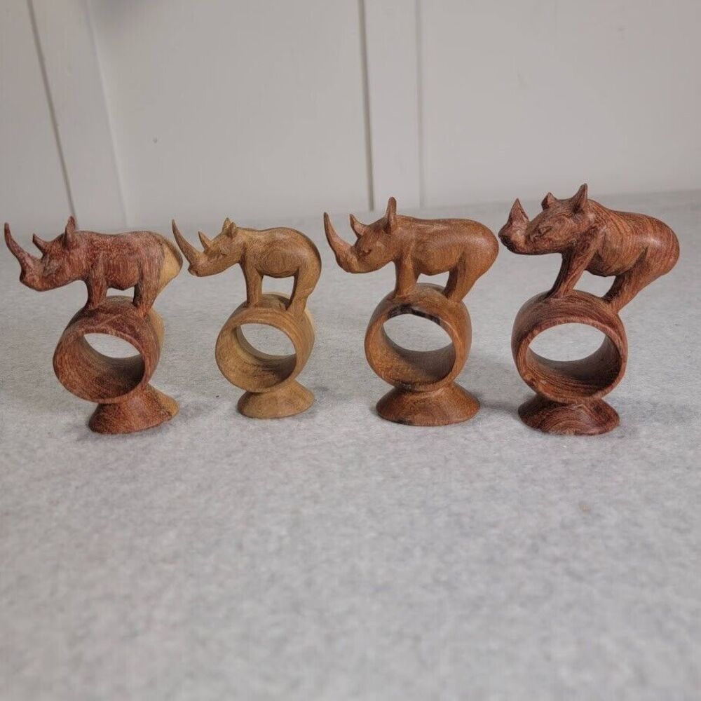 Hand Carved Wooden African Animal Napkin Ring Holders Vintage Set Of 4 Rhinos